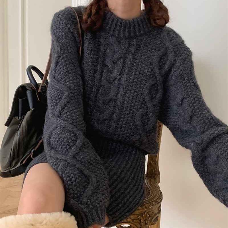 Осень Зима Твист Элегантное Женское Вязаное Платье-Свитер Ретро Повседневное Свободное С Длинным Рукавом О Круглым Вырезом Пуловер Короткие Платья Офис Новая Приталенная Одежда