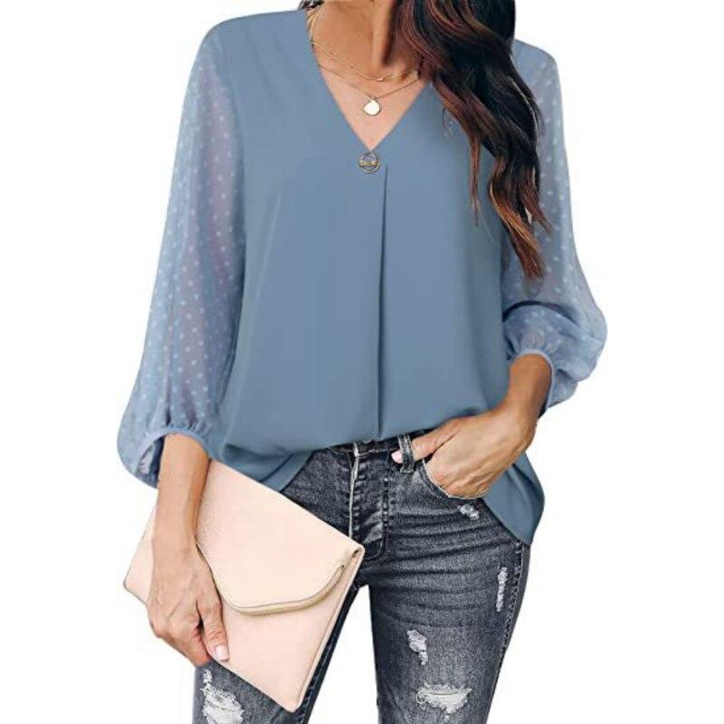 2023 Womens Clothing Spring Autumn Fashion Dot Puff Sleeve Women Tops V-neck Loose Long Sleeve Shirt Blouse Blusas 25792