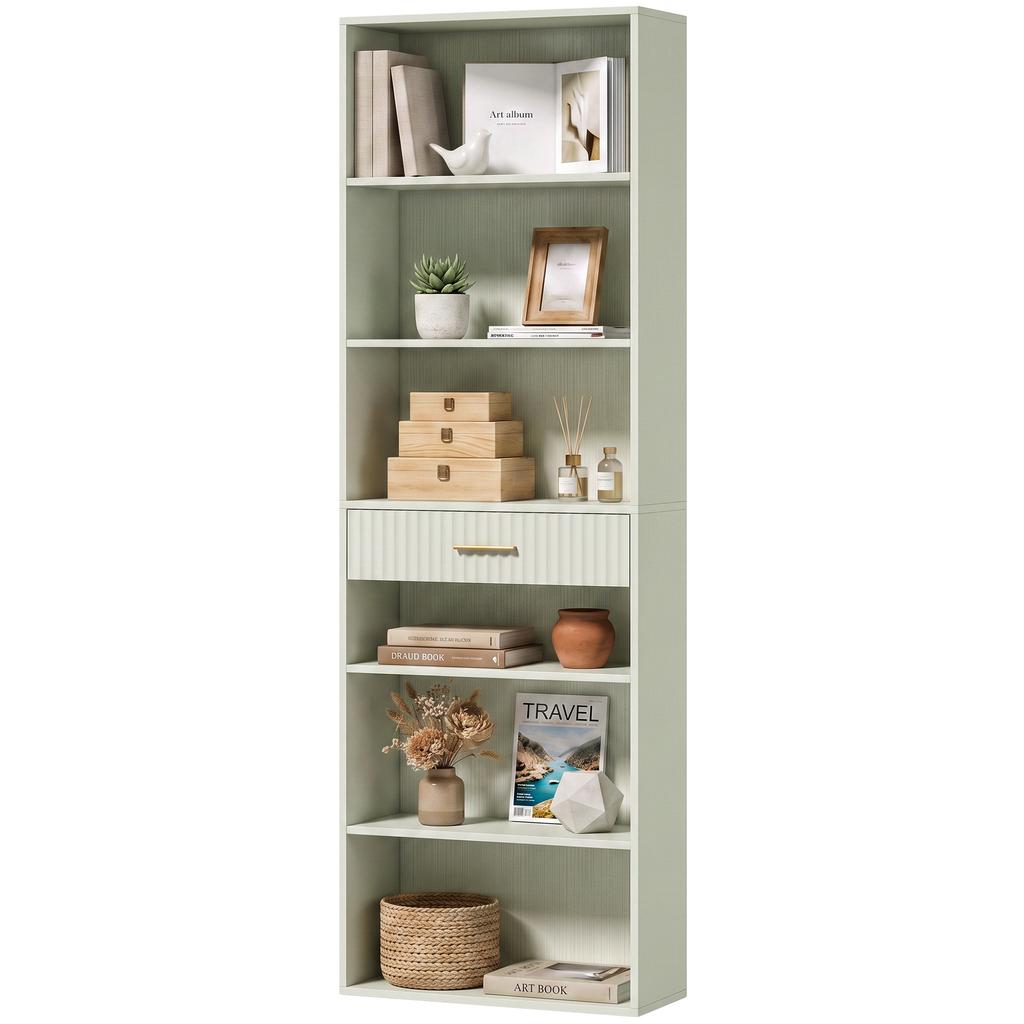 Bookcase Narrow Tall Space-Saving Bookshelf Drawer Open Shelves 60 x 24 x 182 cm Light Green