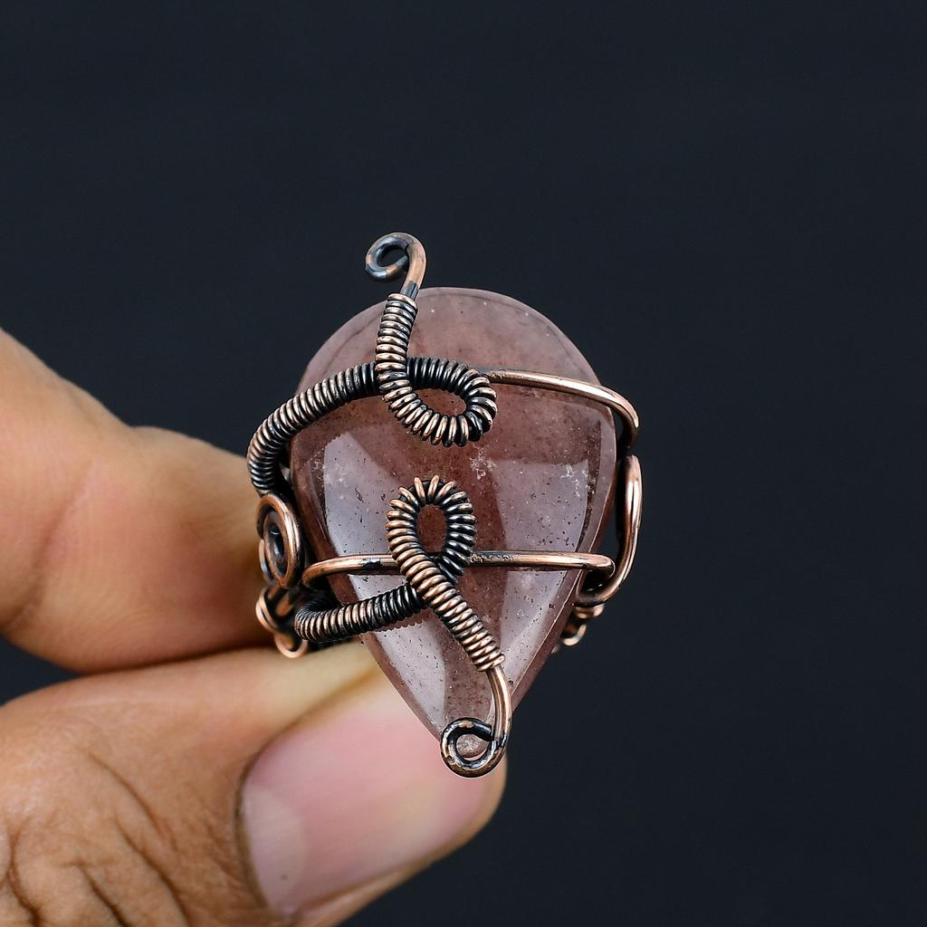 Natural Strawberry Quartz Gemstone Copper Wire Wrap Gift Ring Size 5.5 G5K84