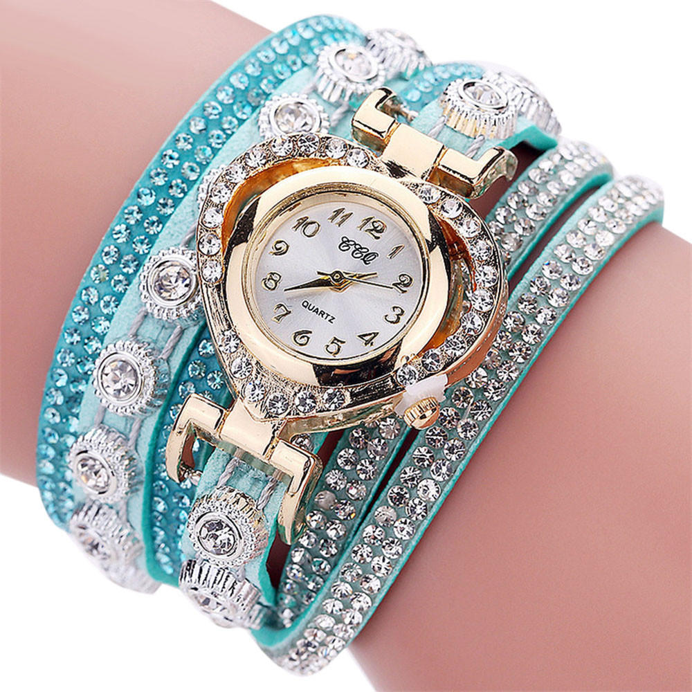 Leather Women Fashion Casual Decor Round Rhinestone Bracelet Watch