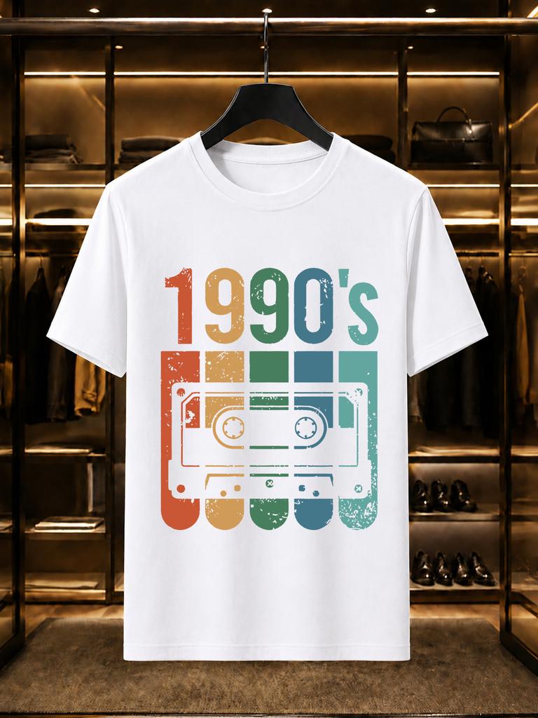 2026 New 100 Cotton Tshirt Vintage Rainbow 1990s Cassette Tape Distressed Print Retro Casual Short Sleeve