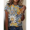 Women's Summer Round Neck Temperament T-shirt Breathable Short-sleeved Retro Floral Pattern Top Loose Casual Wear Ladies T-shirt