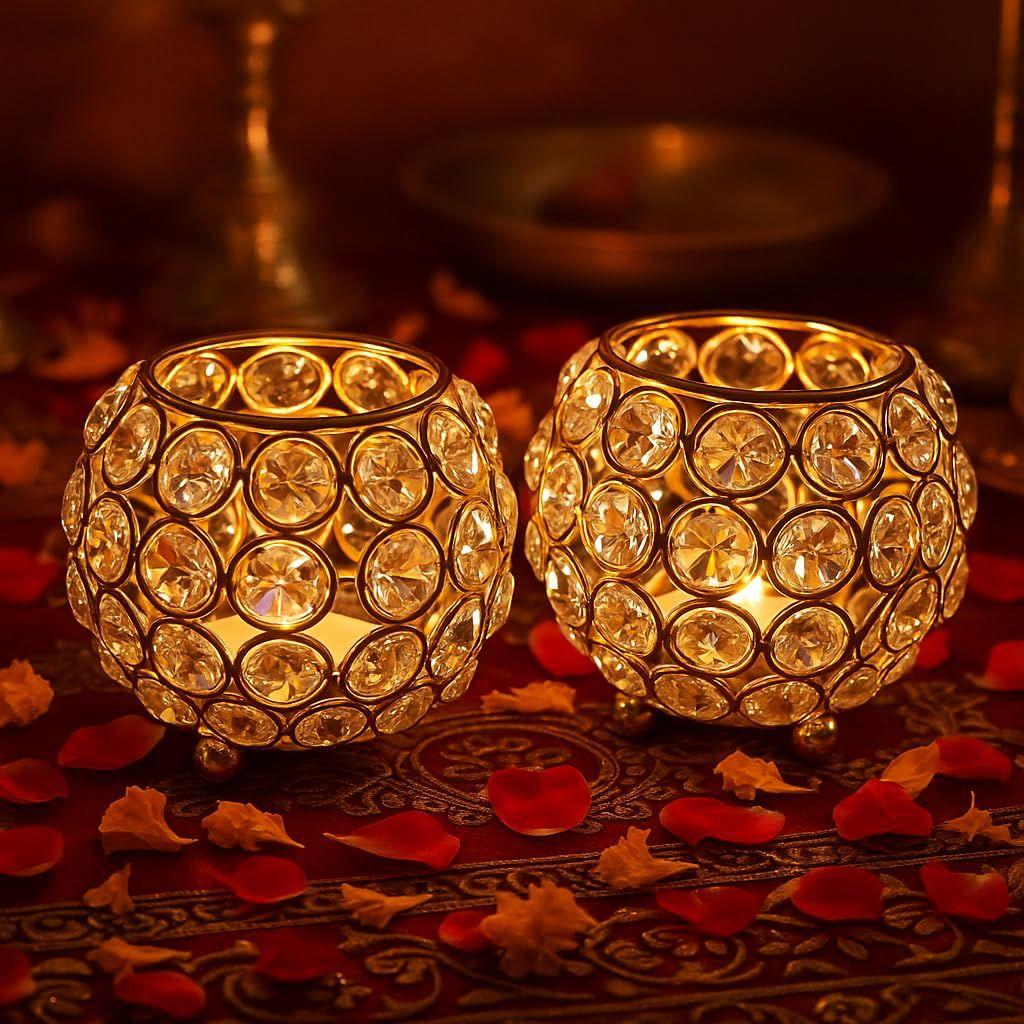 Набор из 2 х Хрустальных подсвечников-свечей типа "tea light" - Декоративные items для Пуджи Дия для дома Рождественский Подарок на Дивали Латунный Предмет для Пуджи Уникальный Подарок на Рождество Дивали