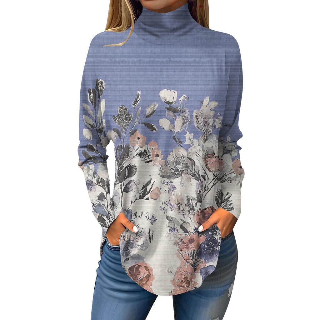 Women's Fashionable Casual High Neck Printed Long Sleeve T-Shirt Pullover Top