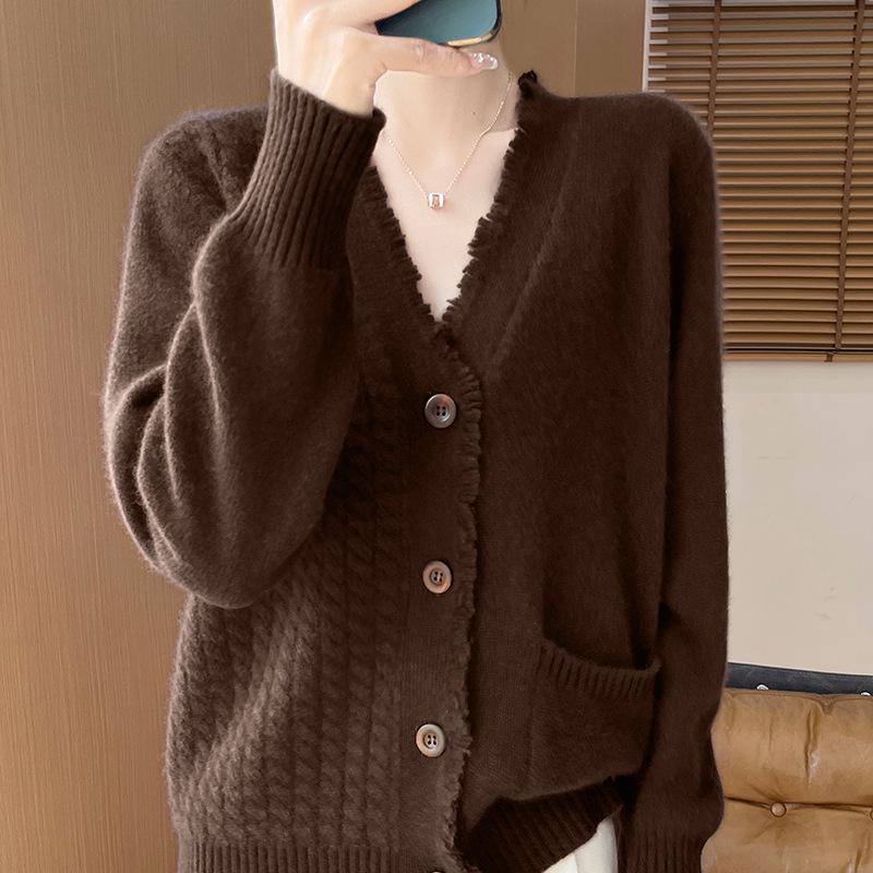 Женский кардиган из 100% шерсти с V-образным вырезом и бахромой - Мягкая вязка свободного кроя для весны и осени
