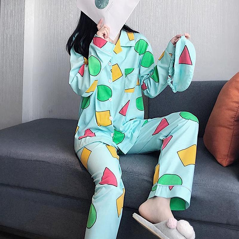 Girl Pajamas Cardigan Lapel Trousers Set Geometric Pattern Long-Sleeved Ladies Homewear Fashion Soft Sleepwear