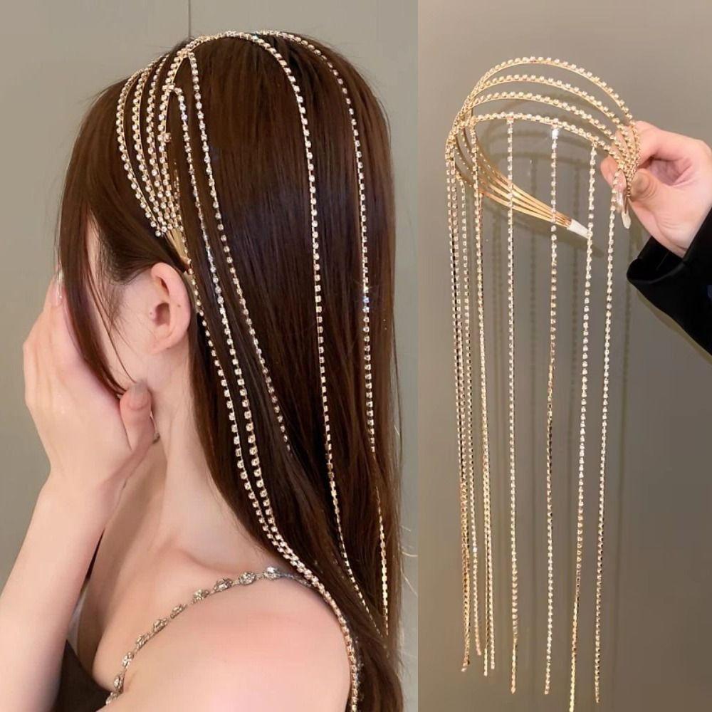Luxury Crystal Hair Chain Exaggerated Design Long Tassel Hair Hoop Daily Wear