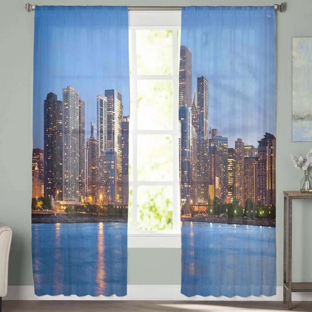 City Sea Evening Tulle Curtains for Bedroom Hall Living Room Decor Chiffon Curtain for Balcony Kitchen Home Drapes