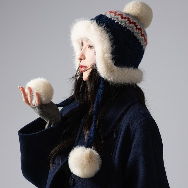 Осенне-зимняя шапка женская милая шапка бини с помпоном защита ушей теплая шапка