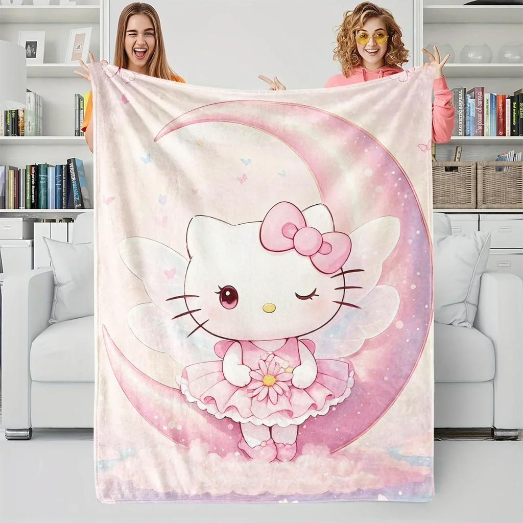 Hello Kitty Pink Moon Flannel Blanket Soft Warm Plush Throw For Sofa Bed Cover Office Nap Shawl Travel Camping Cute Gif