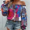 Женские винтажные повседневные летние весенние однотонные блузки и рубашки на одно плечо с длинным рукавом и принтом
