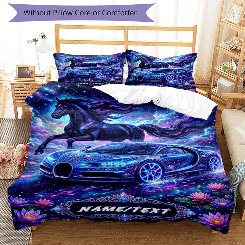 3PC Custom Name Galactic Horse Car Bedding Set Duvet Cover Closure Includes 1 Duvet Cover & 2 Pillowcases for Bedroom