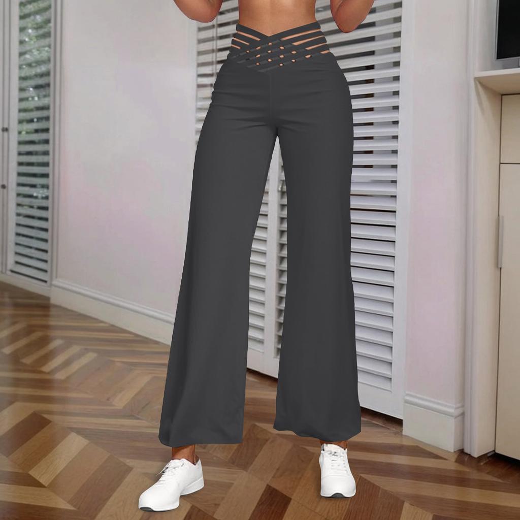 Women's Hollow Belt Trousers Temperament Flared Trousers High Waist Casual Wide Leg Pants