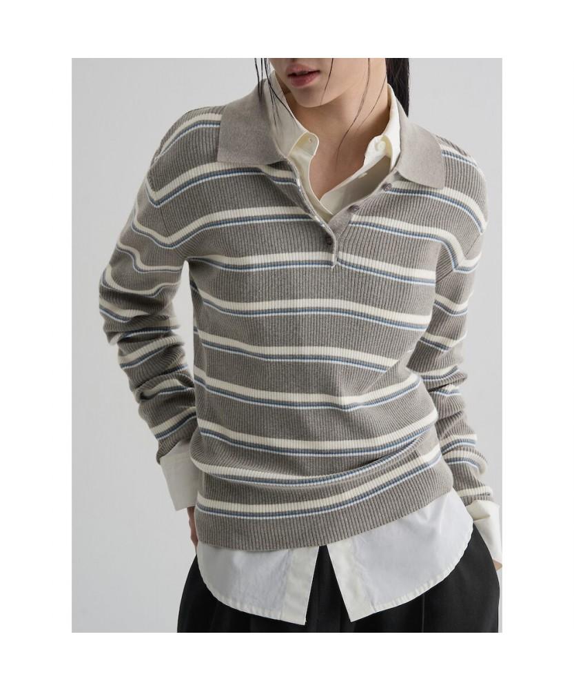 8SECONDS Collared Neck Striped Pullover Gray