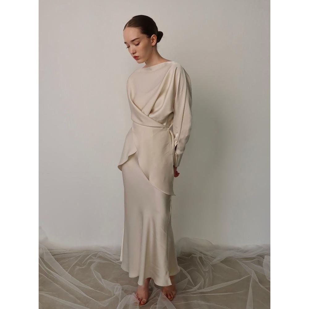 Женский Свободный Костюм с Юбкой Блузка с Длинным Рукавом Эластичная Талия Юбка-Русалка Сатин Однотонный Элегантный Комплект из Двух Предметов для Вечеринки