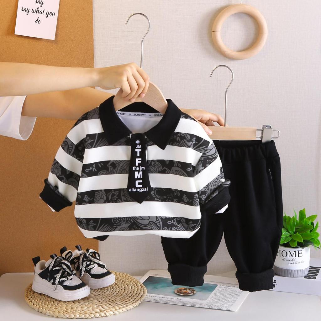 Комплект из двух предметов с длинным рукавом для мальчиков - полосатая рубашка ПОЛО с галстуком + повседневные брюки - Одежда высокого качества - размеры S-XXL
