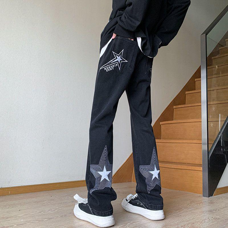 Брюки в американском стиле, уличные голубые джинсы со звездами и вышивкой, мужские брюки прямого кроя с дизайнерским смыслом