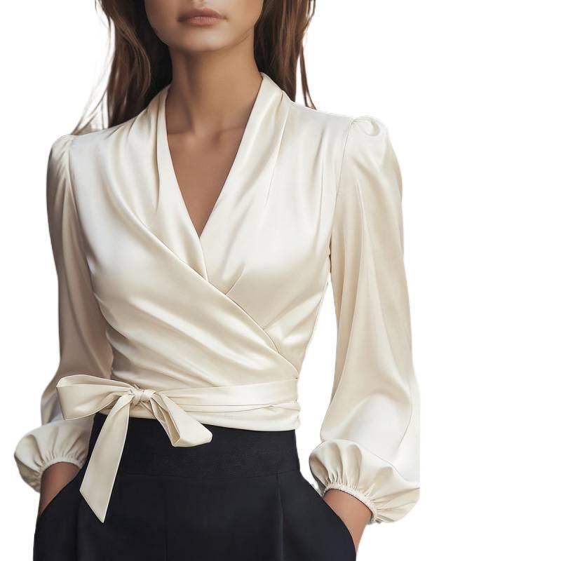 European and American temperament commuting long-sleeved bubble sleeves slim-fitting V-neck woven shirt top