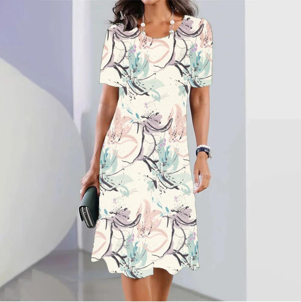 Летние платья с короткими рукавами, стильное женское платье, свободная юбка трапециевидной формы, женская одежда с цветным принтом, повседневный пуловер с круглым воротником