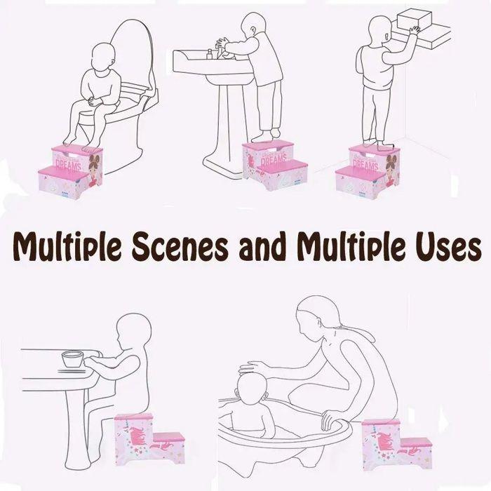 Marchepied enfant GINGER HOME SUPER GIRL – Tabouret bois 2 marches pour salle de bain, cuisine ou chambre, rose, 33x35,5x24,7 cm