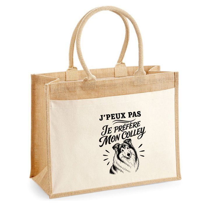 Sac cabas - PLANETEE - J'peux pas je préfère mon Colley - Jute & coton - 21 L (43×33×21 cm) - Illustration trait noir