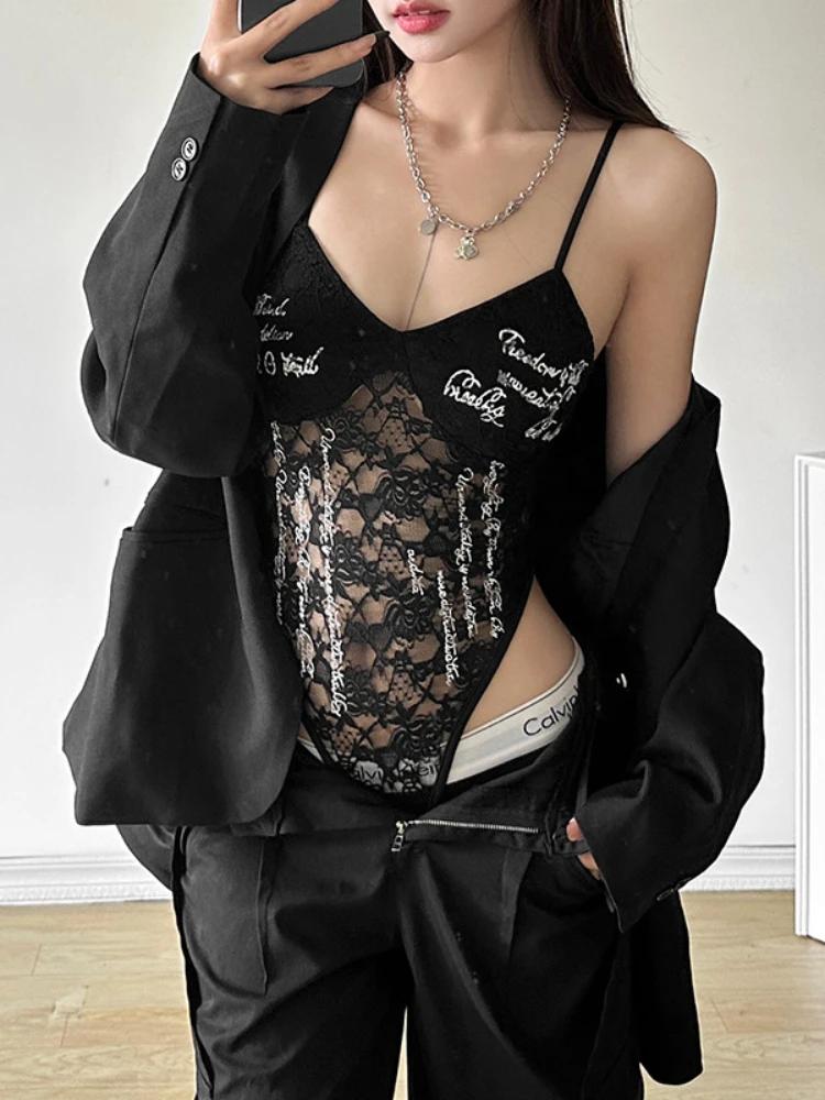 AltGoth Сексуальный прозрачный комбинезон для женщин Dark Goth Streetwear с принтом букв Спагетти-бретельки Кружевной комбинезон Y2k E-girl в стиле гранж