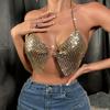 Мода 2025 года, новые металлические стразы ручной работы для ночного клуба, сексуальный топ с открытой спиной и открытым воротом для женщин