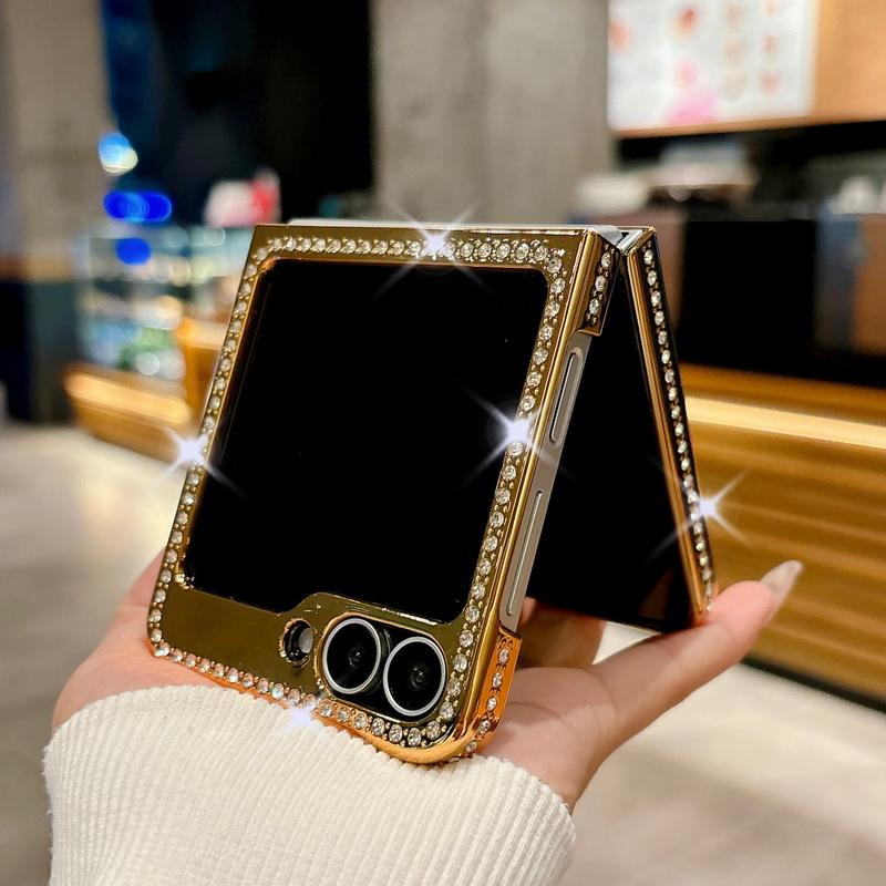 Luxury Solid Color Leather Plating 2pcs Phone Case For Samsung Galaxy Z Flip6 Flip5 Flip4 Flip3 Diamond Frame Shockproof Metal Ring Folding Cover