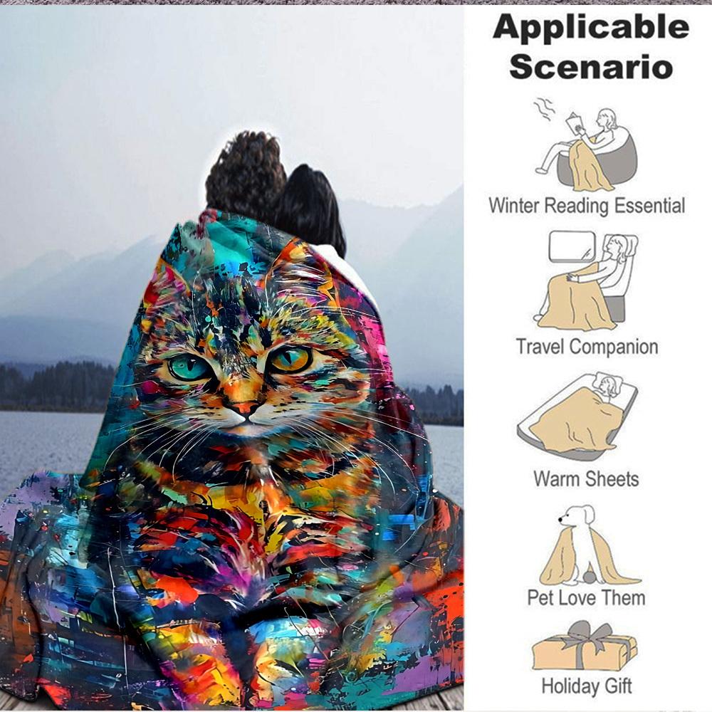 1pc Colorful Cat Art Print Blanket Lightweight Flannel Blanket Throw Blanket For Sofa, Bed, Travel, Camping, Livingroom, Couch, Chair, And Bed yy25090