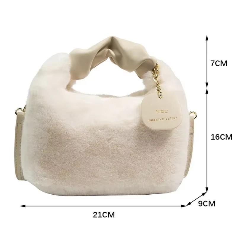 Yogodlns Women Faux Fur Plush Handbags Ruched Handle Small Lady Shoulder Crossbody Bag Casual Half-Moon Hobos Winter Bags for Women