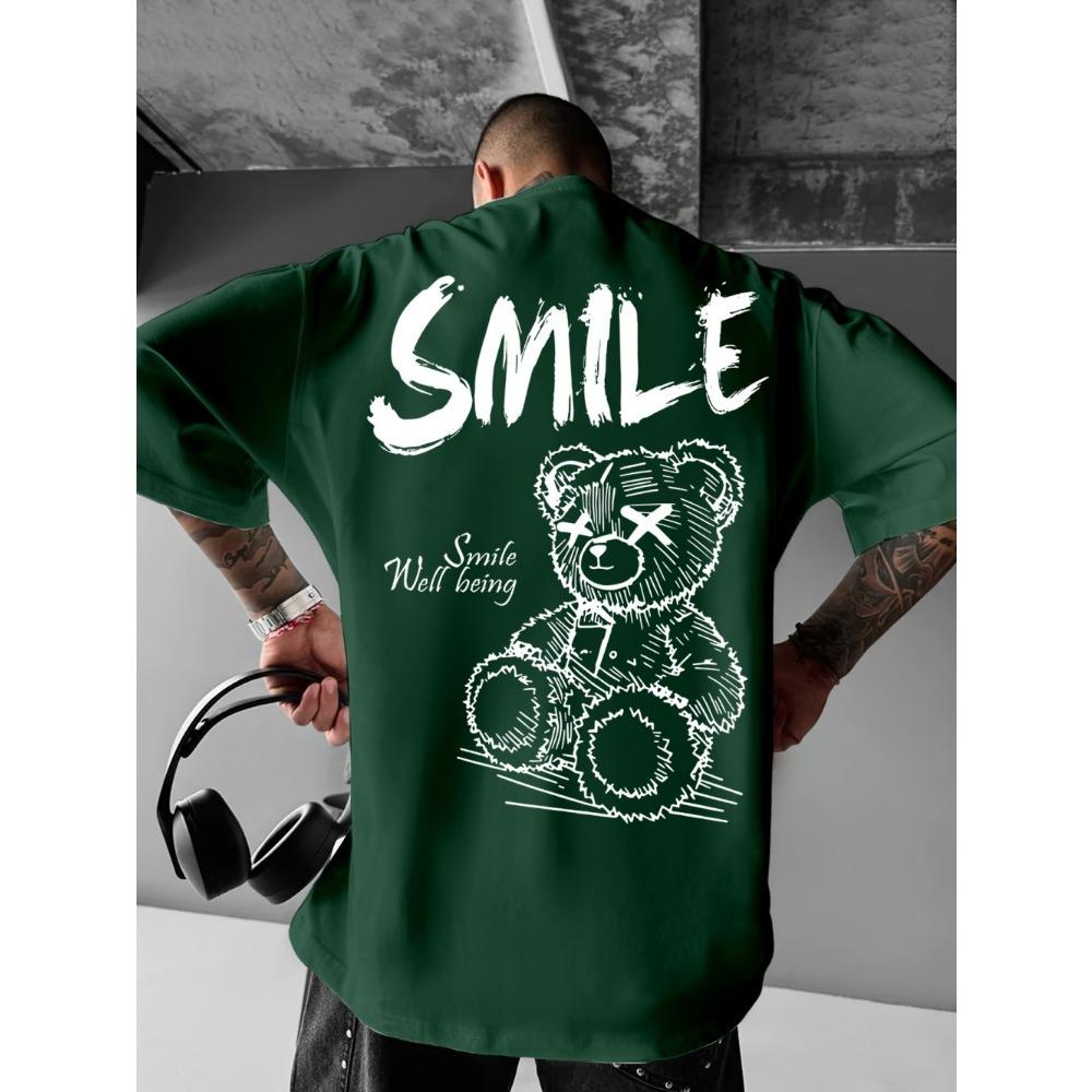 Trendy Summer Men's Personalized Teddy Bear Print Micro Elastic Comfortable Breathable Round Neck T-shirt Outdoor Urban Top