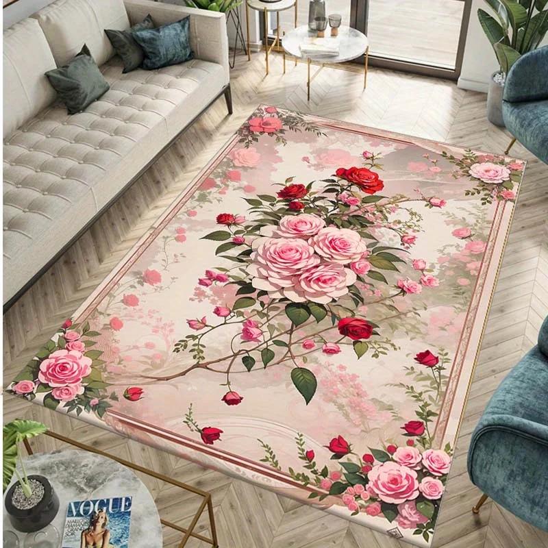Роскошный винтажный ковер с цветочным принтом, нескользящий, машинная стирка, коврик для пола для декора гостиной, спальни, офиса, моющийся ковер