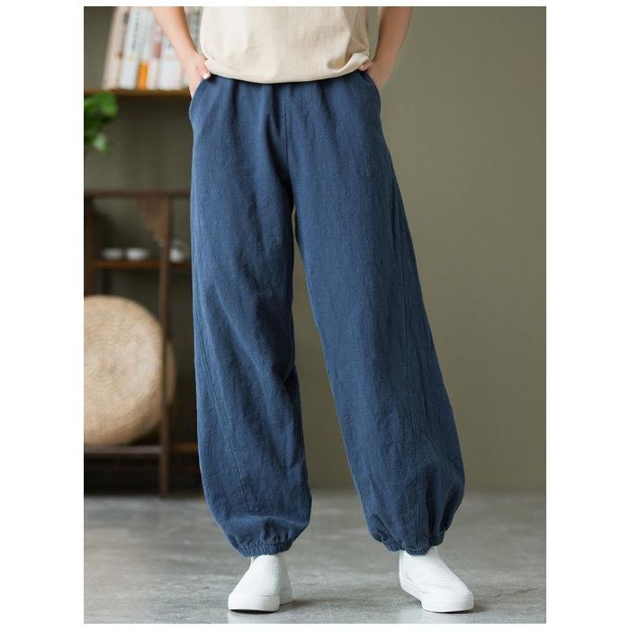 Блумеры из хлопка и льна, повседневные эластичные свободные женские брюки с высокой талией, корейская мода, широкие брюки длиной до щиколотки для женщин