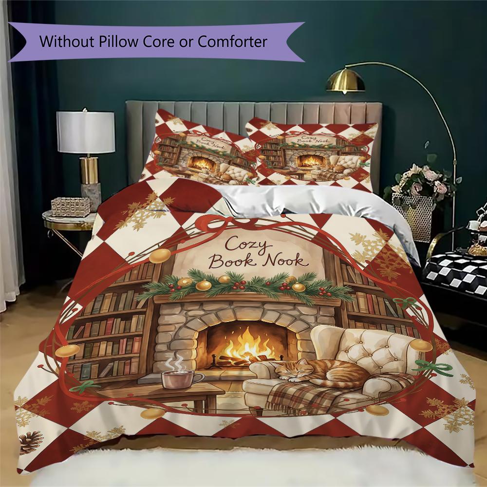 Christmas Book Wreath Pattern Bedding uilt Set uilt Cover Pillowcase Home Decoration Birthday Gift (1 * duvet cover + 2 * pillowcase without core)_XIA
