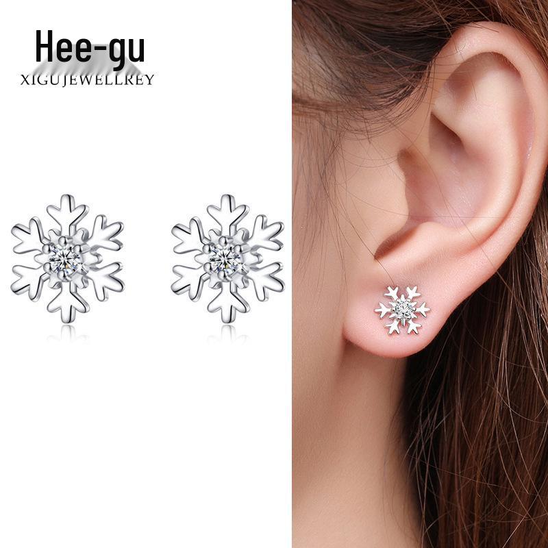 Серьги-гвоздики из серебра S925 с цирконами в виде снежинок - Корейский стиль, Рождественский подарок для девочек