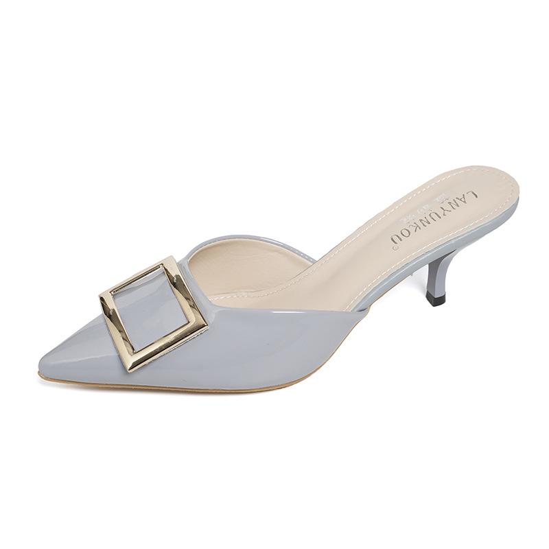 Women's Shoes 2025 Spring New Square Head Square Buckle Light Mouth Thick Heel High Heel Slippers Patent Leather Bag Head Half Slippers Outer Wear Wo