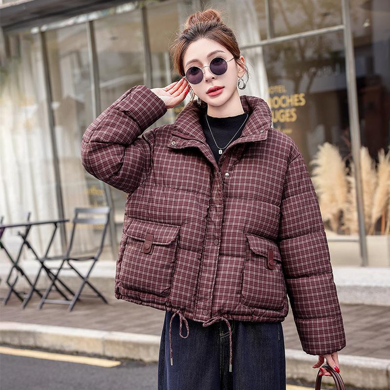 American plaid stand-up collar short down cotton clothes women's winter fashion small warm bread clothes jacket tide