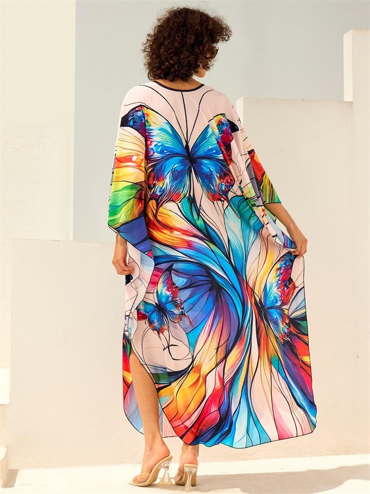 EDOLYNSA 2024 Fashion Butterfly Printed Plus Size Loose Kaftan Women's Bohemian Beach Dress Summer Swimsuit Cover-ups Casual House Robe Q1670