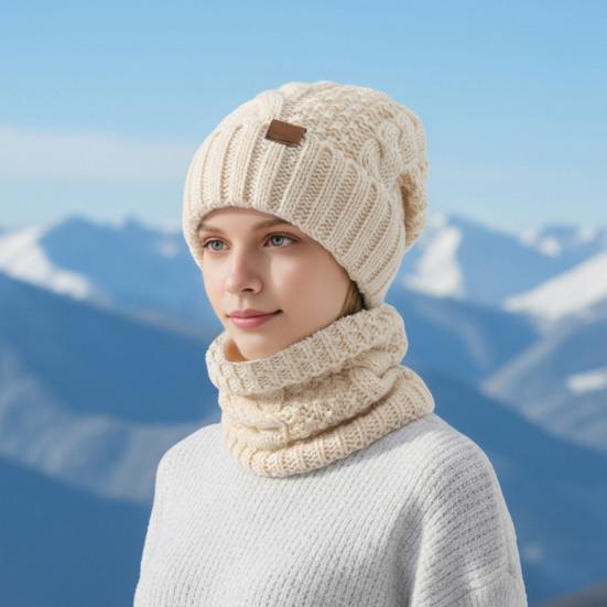 2Pcs/Set Women Hat Scarf Set Solid Color Twist Texture Warm Thermal Knit Hat Neck Scarf Set Winter Outdoor Accessories