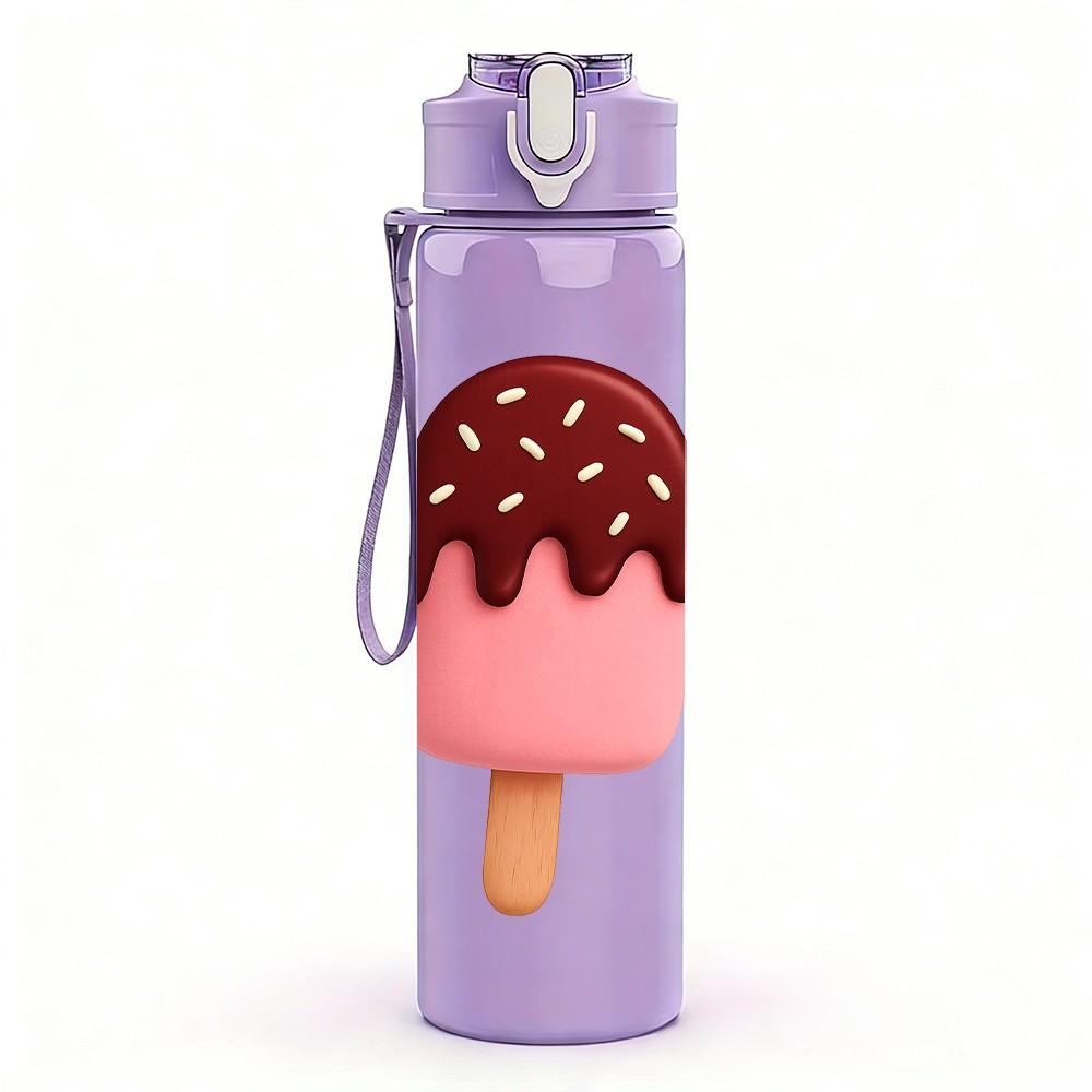 1PC Pink Brown Ice Cream Cartoon Print 750ml Color Plastic Sports Water Bottle Leakproof Flip Straw Lid Suitable for Sports Office Home Use