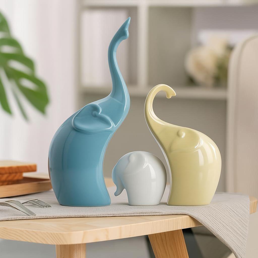Beautiful Ceramic Multicolour 3 Pcs Elephant Family for Home Decor (Pack of 1, Multicolor)