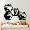 4pcs Hexagonal Metal Wall Sculptures - Elk, Deer, Wolf, Bear In Rustic Black for Forest & Wilderness Decor