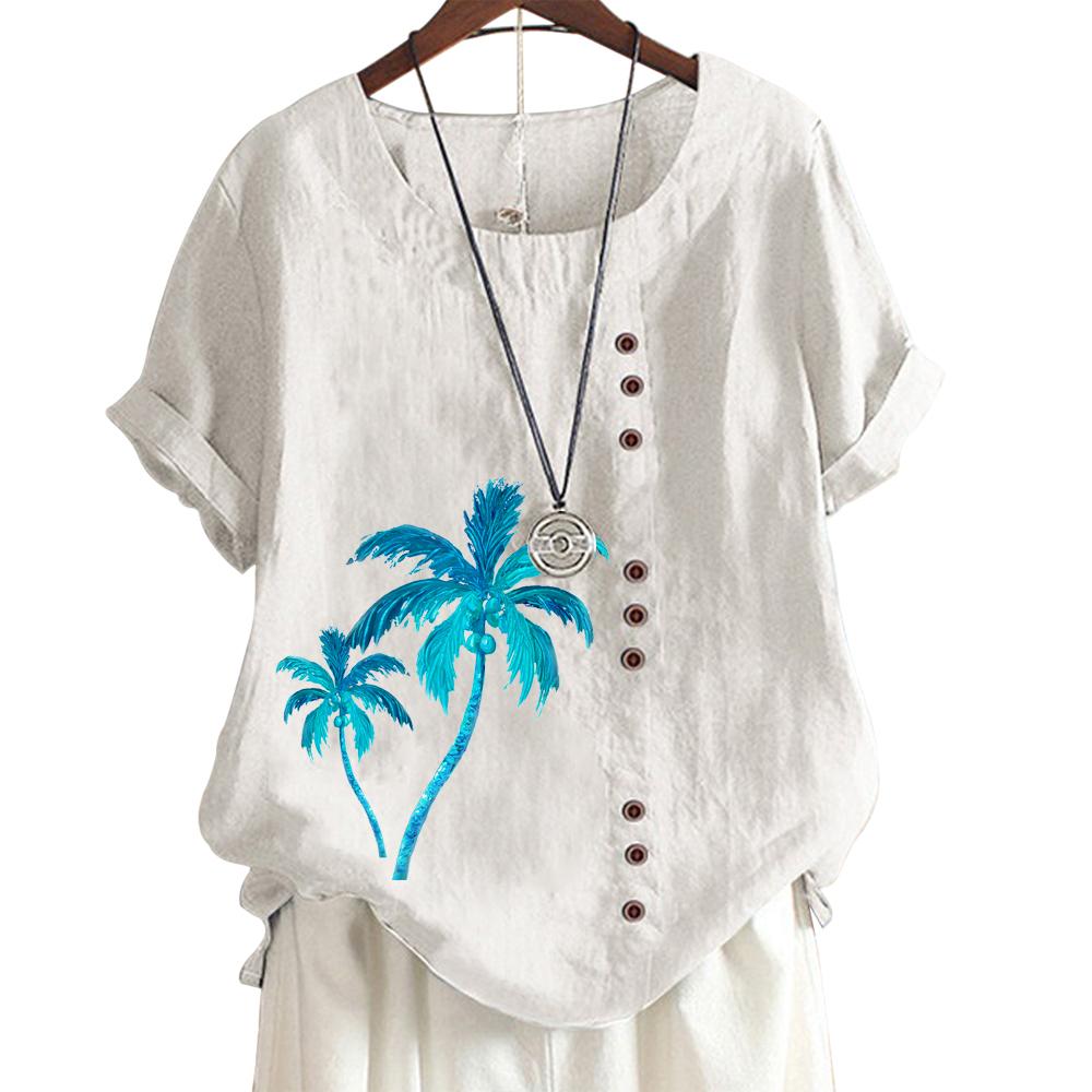 Women's Cotton Casual Top with 7 Unique Print Patterns, Round Neck, Short Sleeves, Button Embellishments