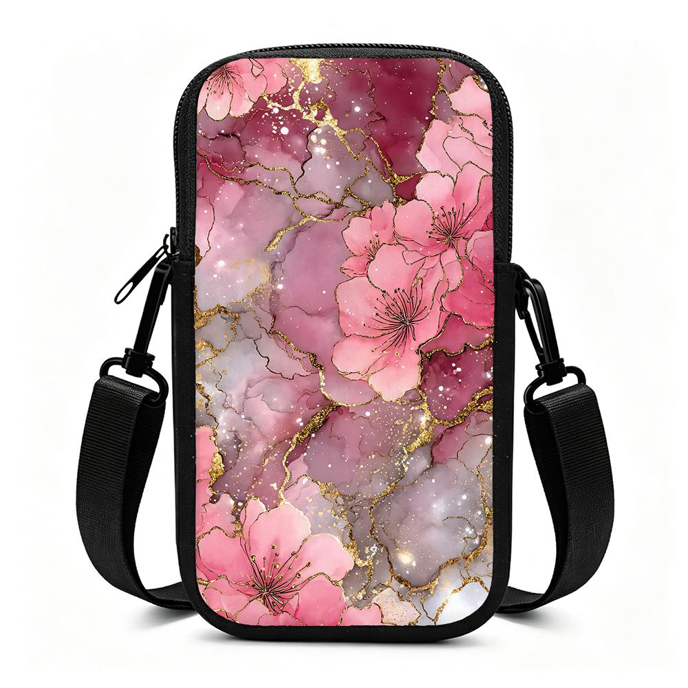 Romantic Pink Blossom Abstract Marble Gold Veins Watercolor Floral Pattern Fashion Adjustable Removable Strap Crossbody Phone Bag