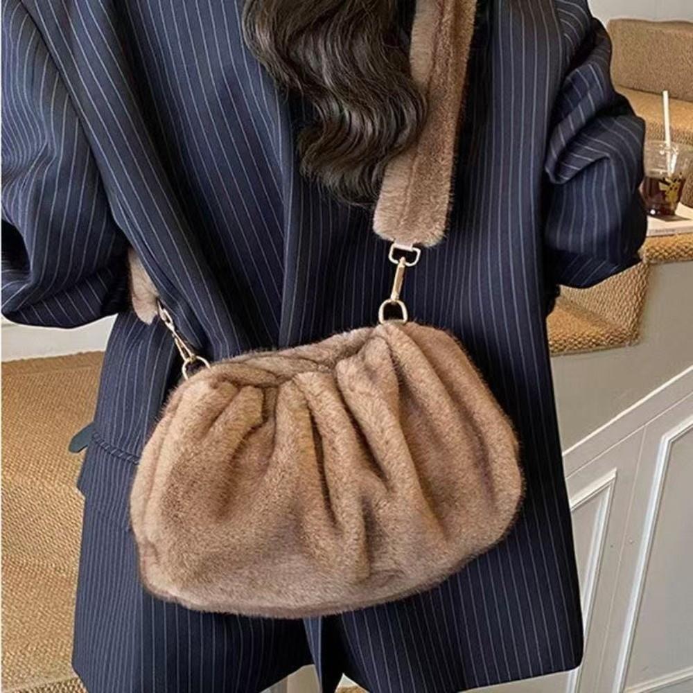Lightweight Furry Pleated Shoulder Bag Large Capacity Mink Fur Wrinkle Handbag Girls