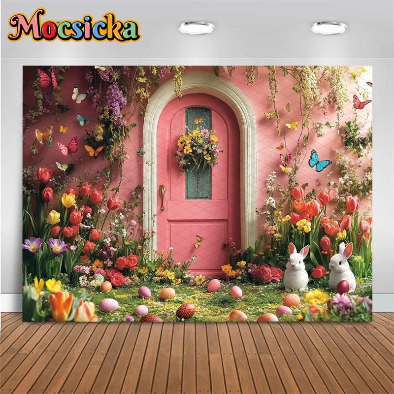 Mocsicka Spring Flowers Backdrop Photography Easter Egg Party Decors Portrait Birthday Background Door Bunny Photo Studio Banner8