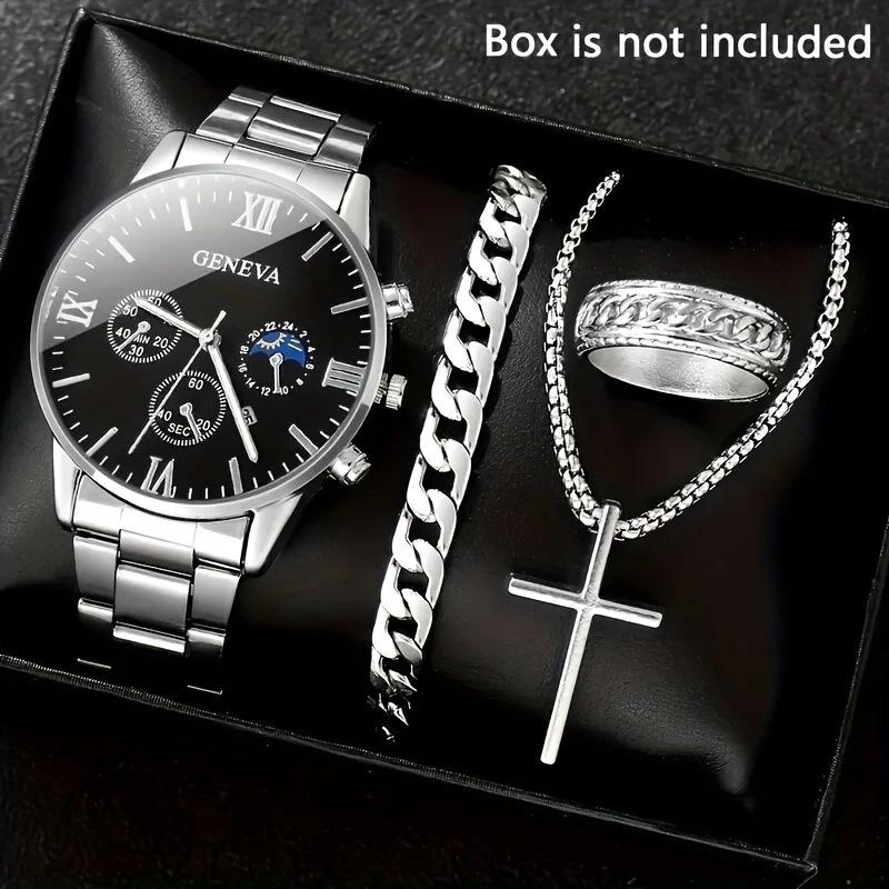 4-Piece Men's Watch Necklace Ring Bracelet Set Gold Plated Alloy Jewelry Luxurious Fashionable Party Gift