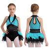 Girls Dance Costume Turn-Down Collar Sleeveless Sheer Mesh Keyhole Back Shiny Sequins Feather