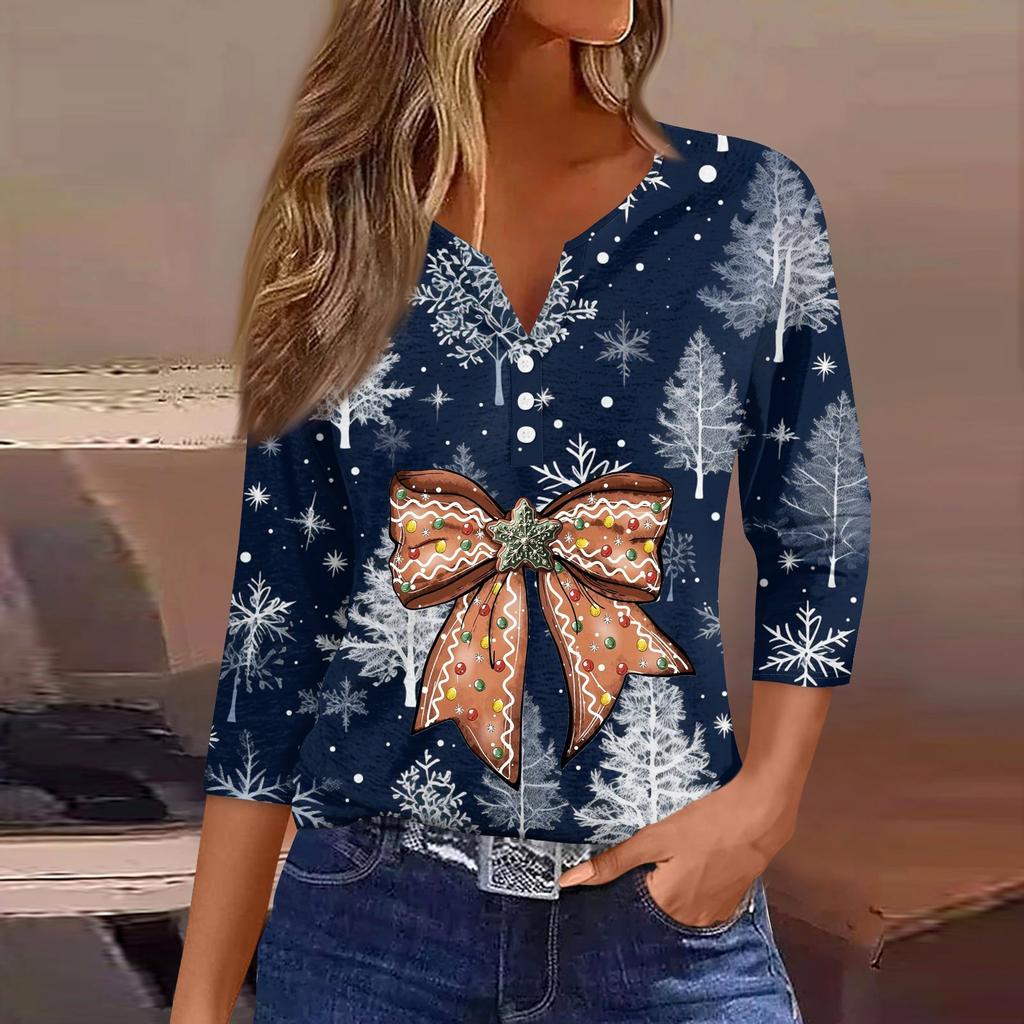 Женская рубашка с рукавом семь дюймов, напечатанная в стиле ретро, повседневная, свободная, с V-образным вырезом, рождественская